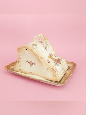 Antique Crown Devon Etna Slanted Wedge Cheese Keeper & Underplate Set